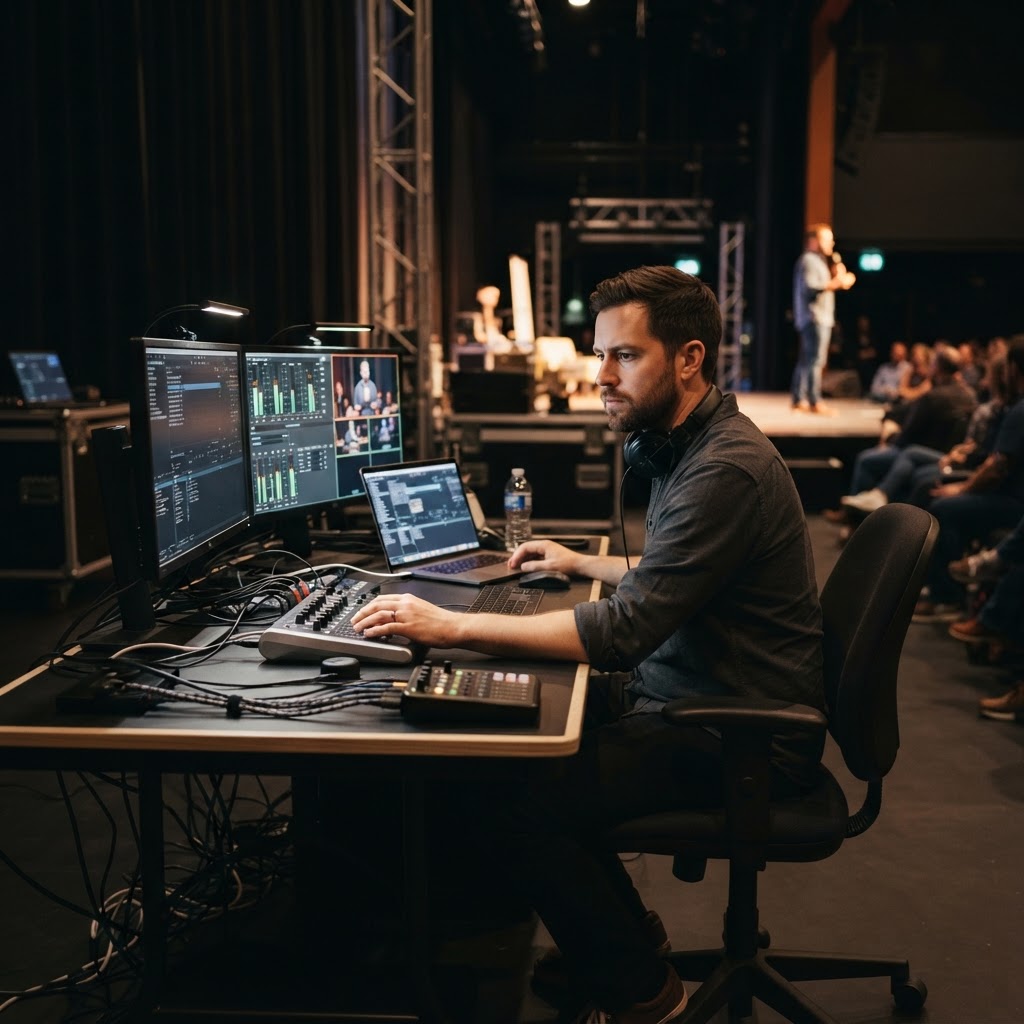 A modern, minimalist stage wing showing a technician sitting behind a laptop with dual monitors, focus on the concentrated expression and organized cable management in a darkened room.