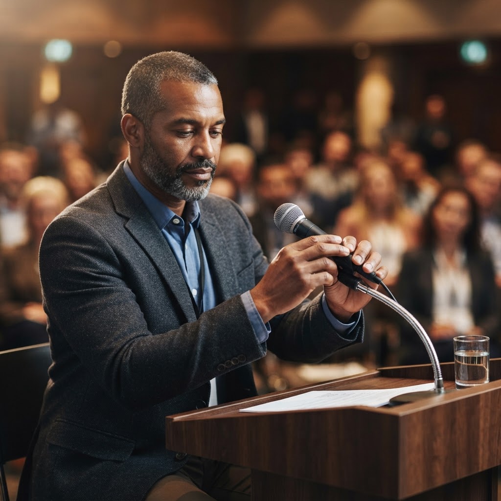 A close-up shot of a speaker's hands calmly adjusting a microphone with a focused, steady expression, professional lighting emphasizing texture and detail