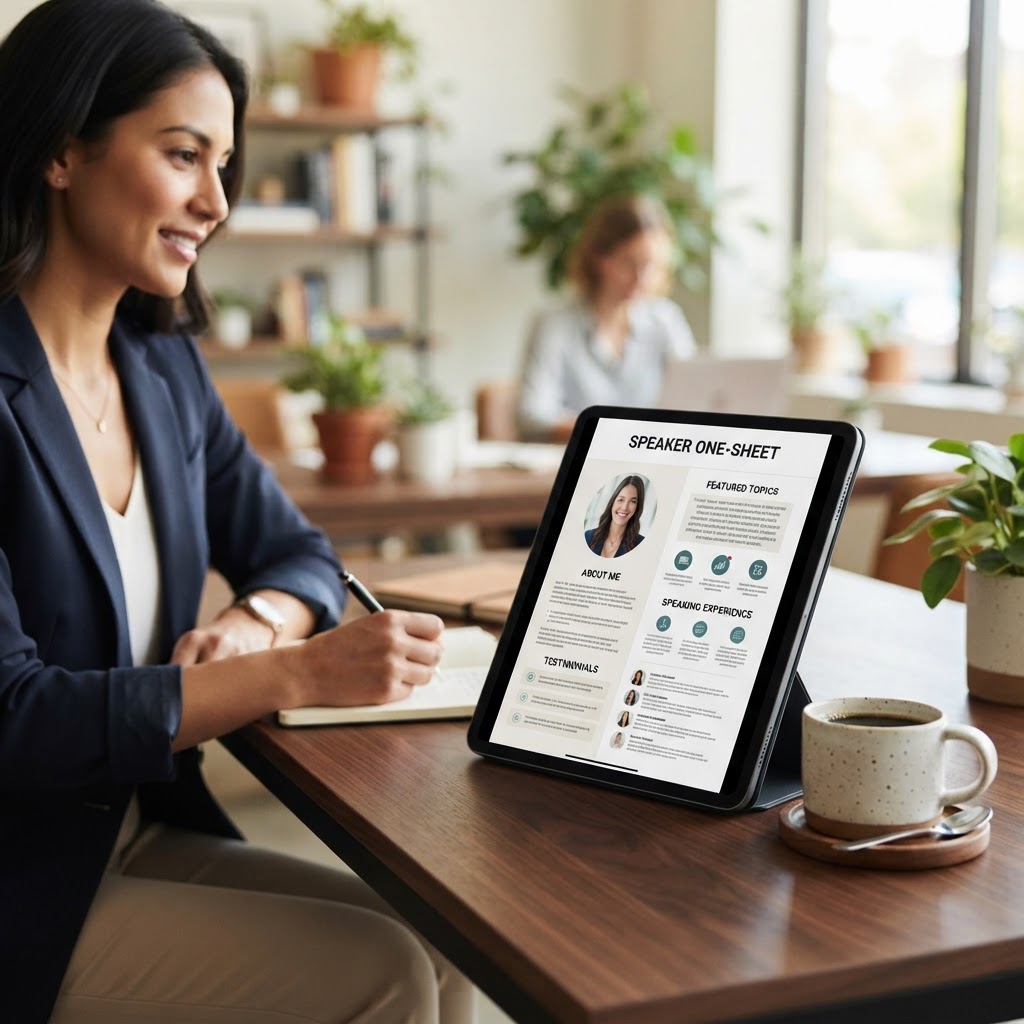 A sleek, professional speaker one-sheet design on a tablet screen next to a coffee cup on a modern desk.