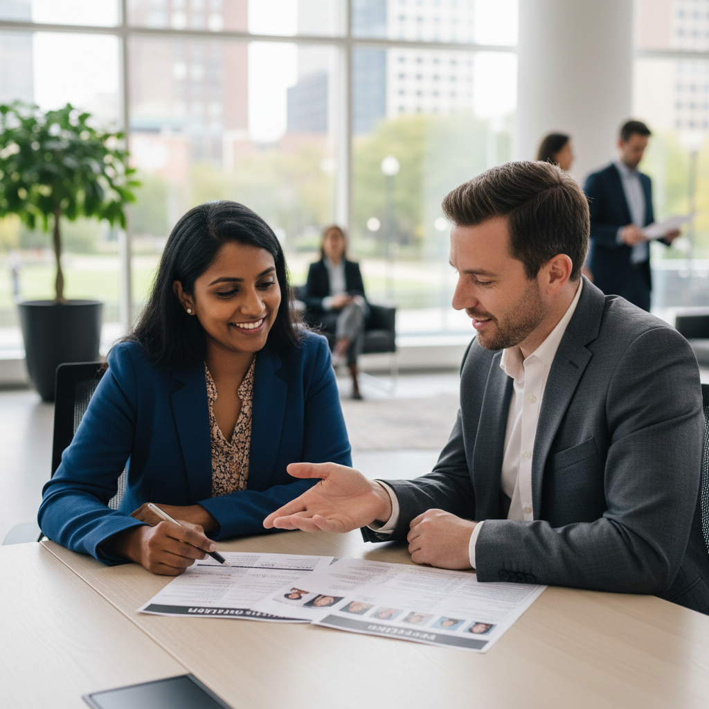 A professional speaker discussing their one-sheet with an event planner