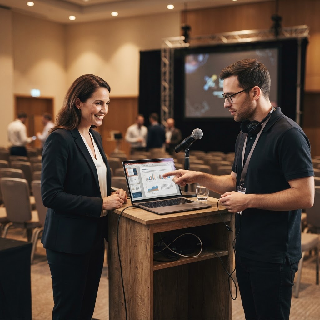 A speaker and an AV technician reviewing a digital presentation on a laptop at a podium