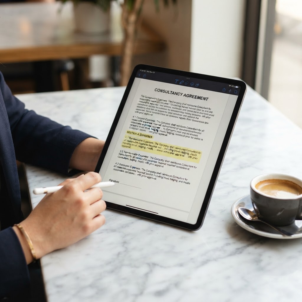 A close-up shot of a professional speaker reviewing a digital travel contract on a tablet in a quiet, modern coffee shop, soft natural morning light illuminating the screen