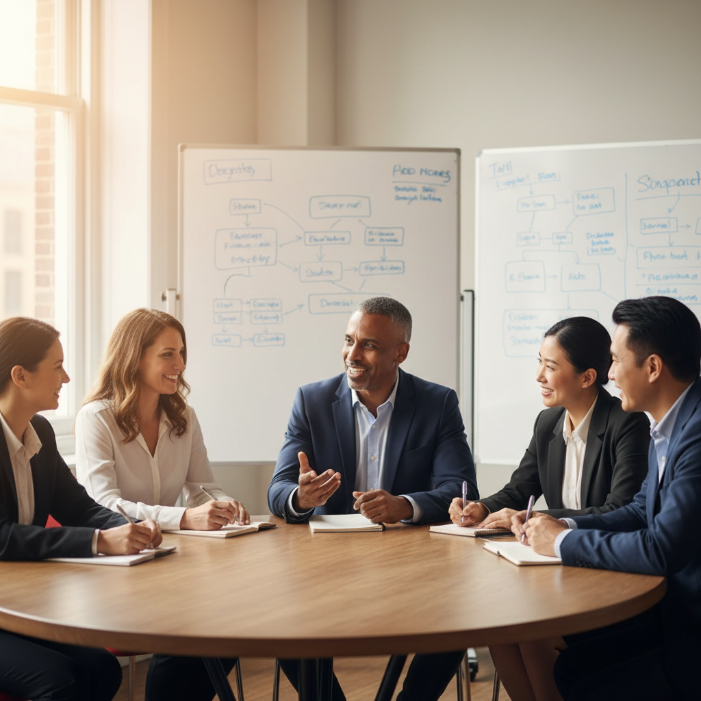 Gary Clark leading an intimate workshop session, seated at a table with small group of diverse professionals, engaged in conversation with whiteboards in the background