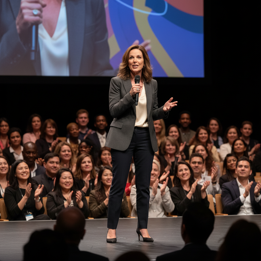 a woman speaking confidently on a large stage to an audience