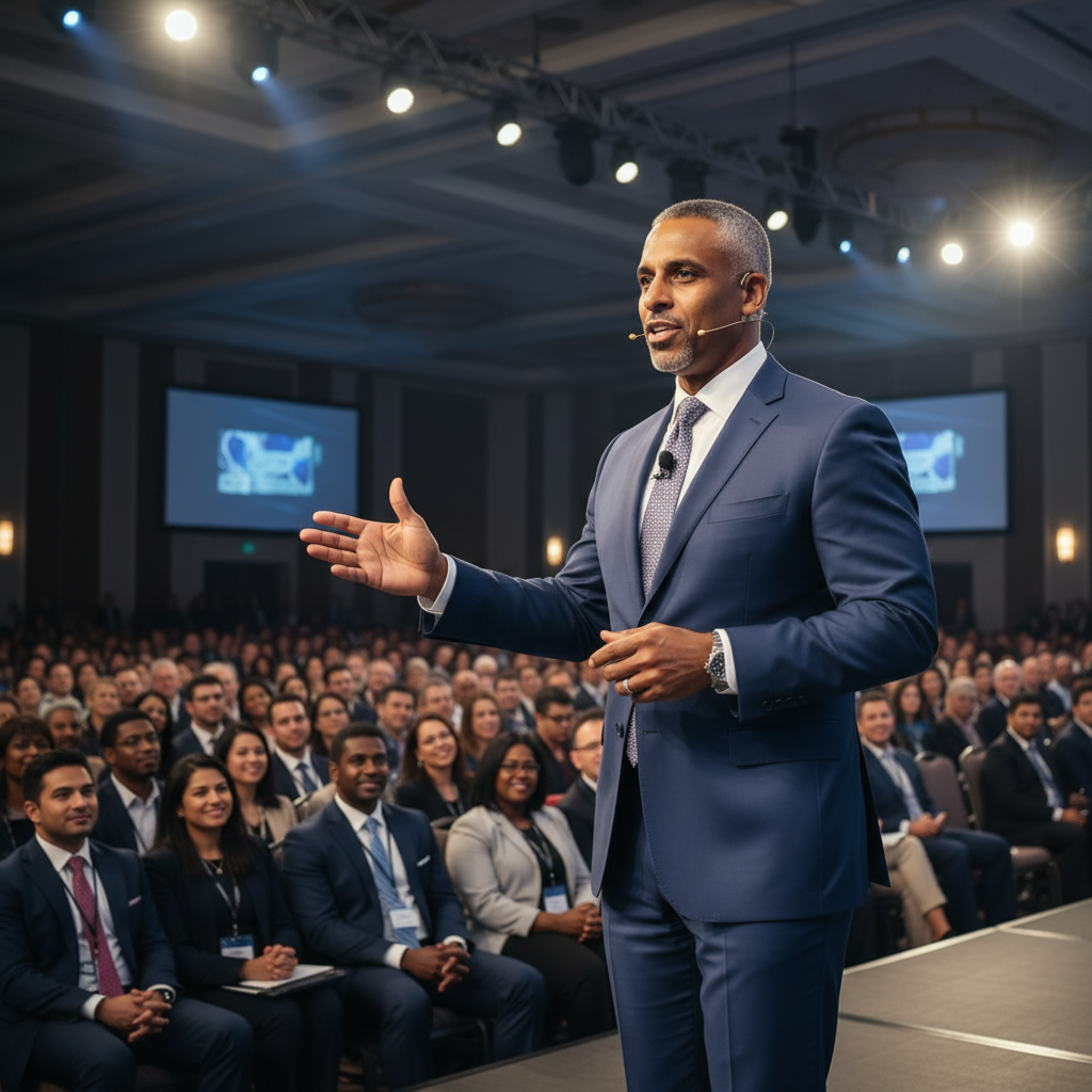 Gary Clark commanding a large corporate stage under bright spotlights, gesturing confidently to an engaged audience in a packed conference ballroom