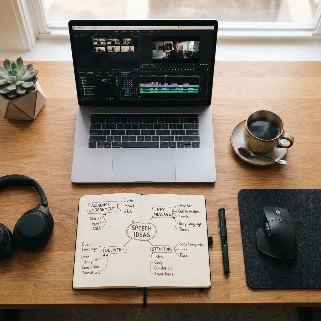 A modern, minimalist workspace with a laptop open showing video editing software, a notebook with mind-mapped speech topics, and a steaming cup of coffee, shot from an overhead flat-lay perspective.