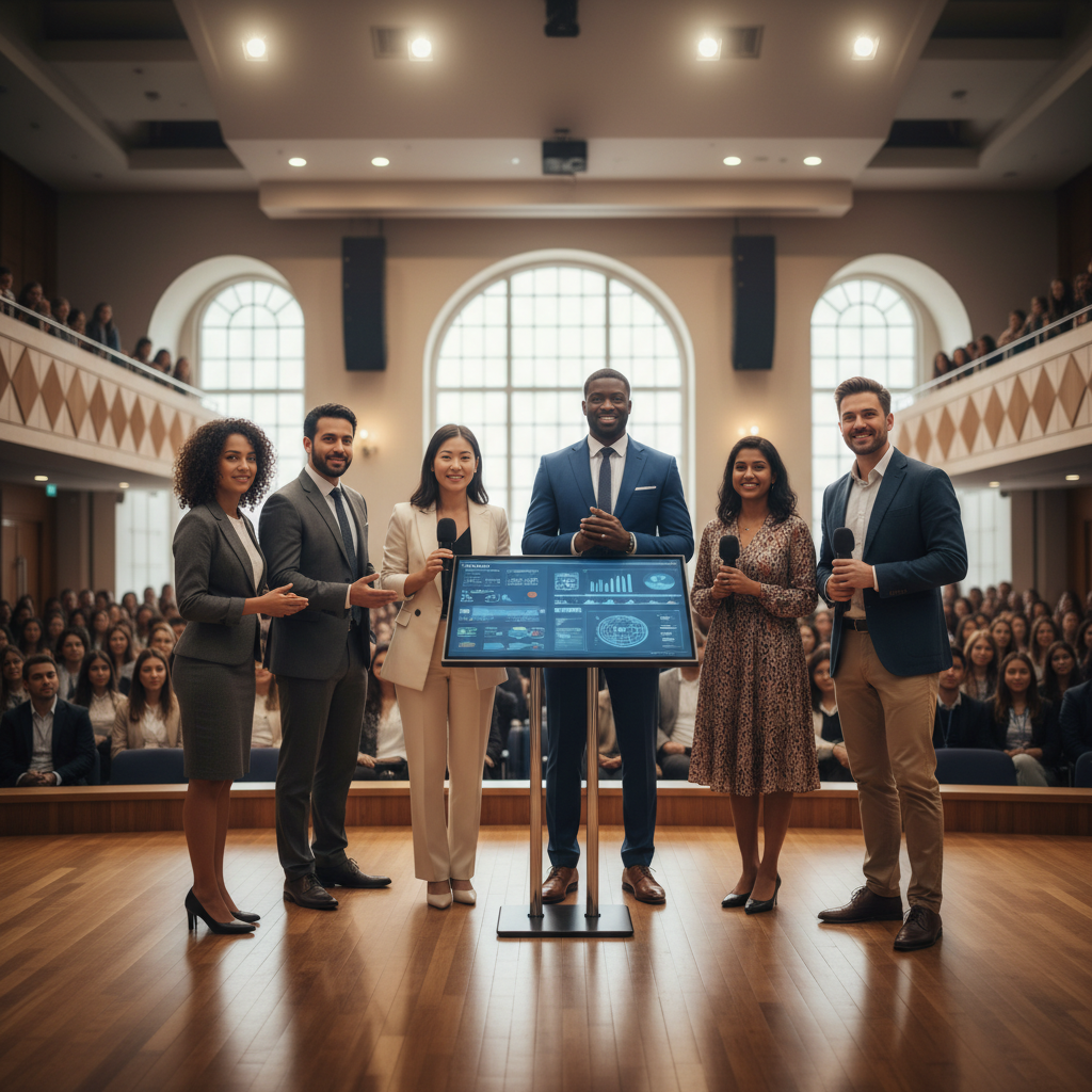 A diverse group of speakers presenting at a conference
