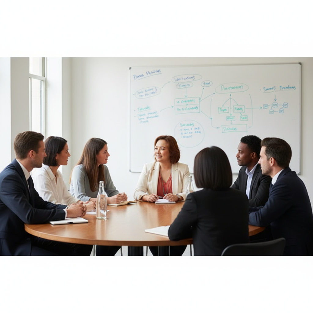 Angelie Kapoor leading an intimate leadership workshop at a round table, engaging a small group of diverse professionals with a whiteboard and notes in the background
