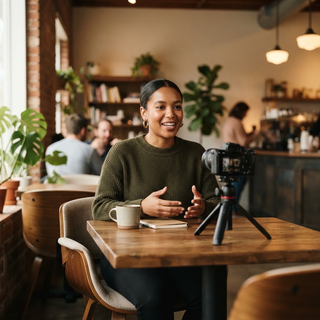 An eye-level shot of a person sitting in a quiet, modern coffee shop, confidently recording a high-quality video testimonial or a short speaking snippet for their portfolio.