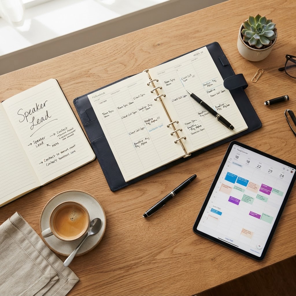 A flat-lay photograph of an open professional planner on a wooden desk, surrounded by a tablet displaying a calendar, a cup of espresso, and a notebook with 'Speaker Lead' written in professional script.
