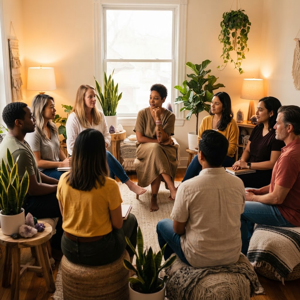 Shaman Dr. YY Baker leading an intimate workshop session, seated in a circle with a diverse group of participants, guiding a reflective conversation in a warmly lit community space