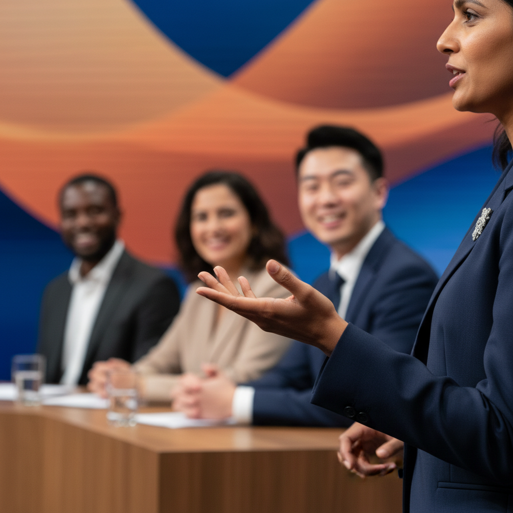 A close-up of a speaker's hand gesturing during an engaging discussion on stage.