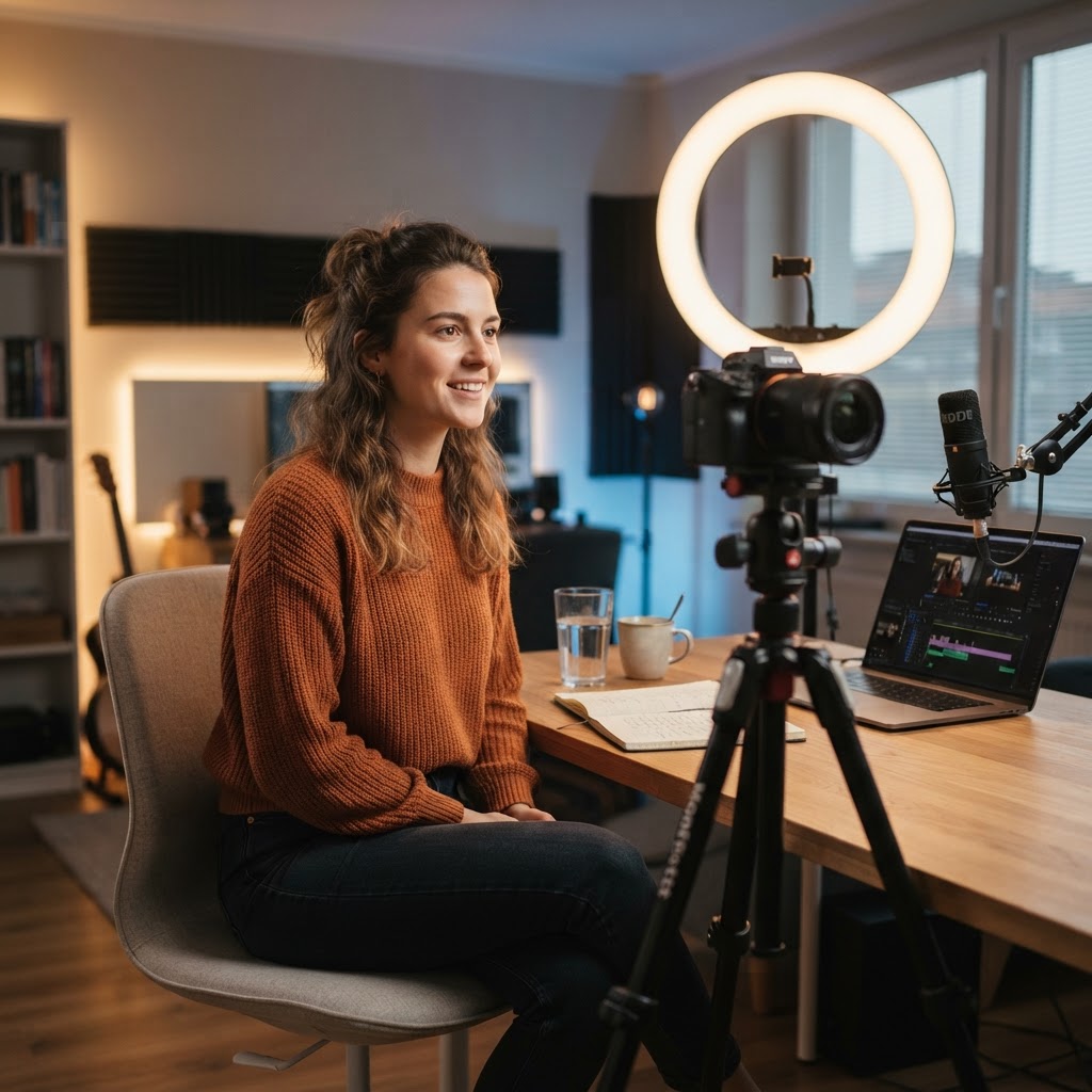 A sleek, modern home studio setup featuring a professional ring light, high-quality mirrorless camera on a tripod, and an organized desk with a glass of water and notes, lit with soft blue and warm gold ambient lighting.