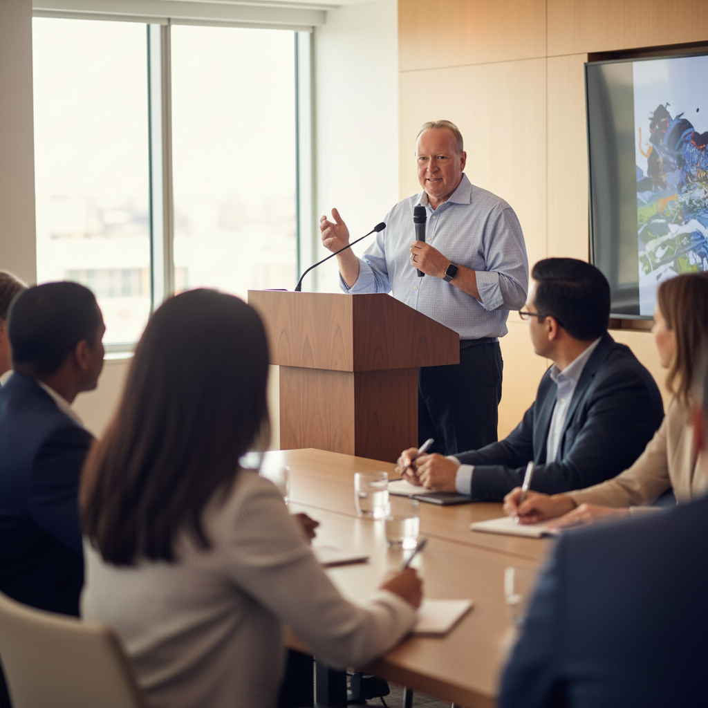 a man leading a corporate workshop at a podium