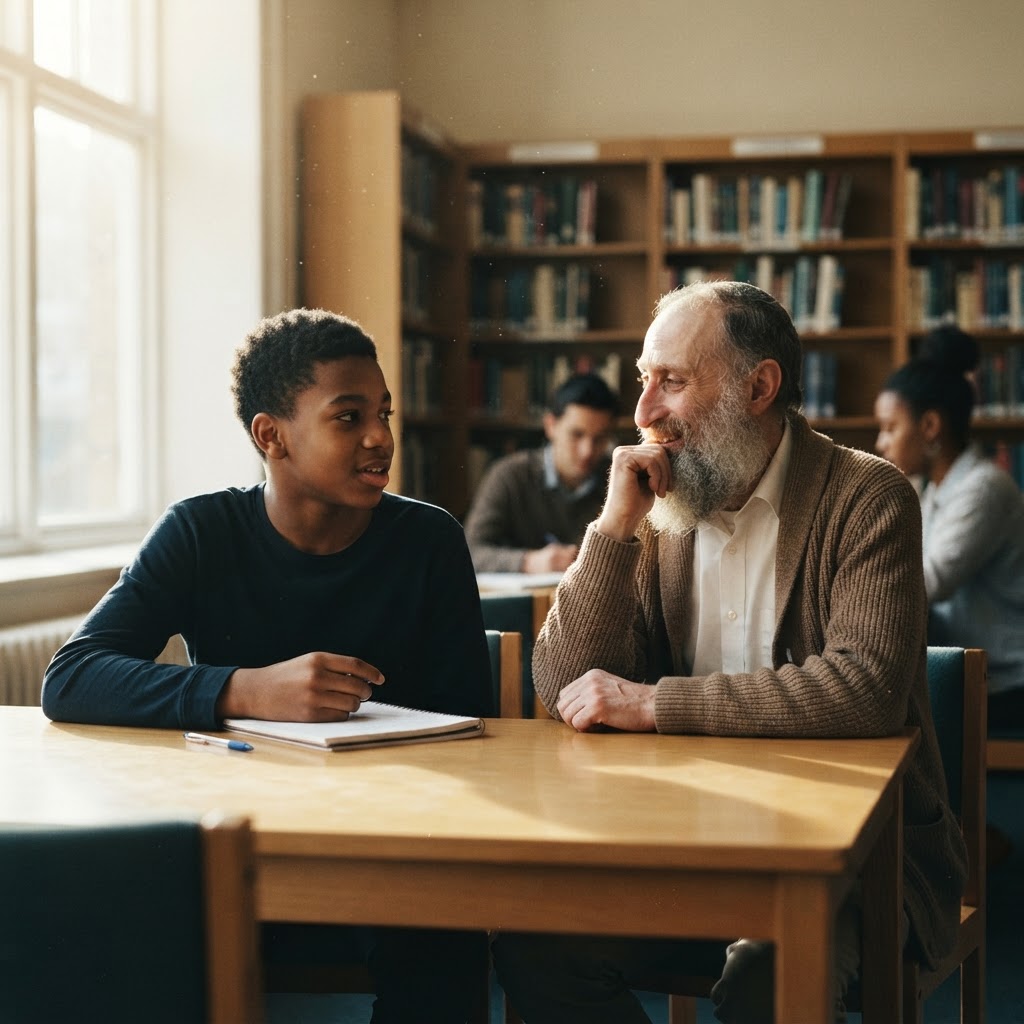 A weathered but warm father-figure in a quiet library, sitting across from a teenage son in deep conversation, natural window light casting a hopeful glow — evoking mentorship, healing, and generational connection