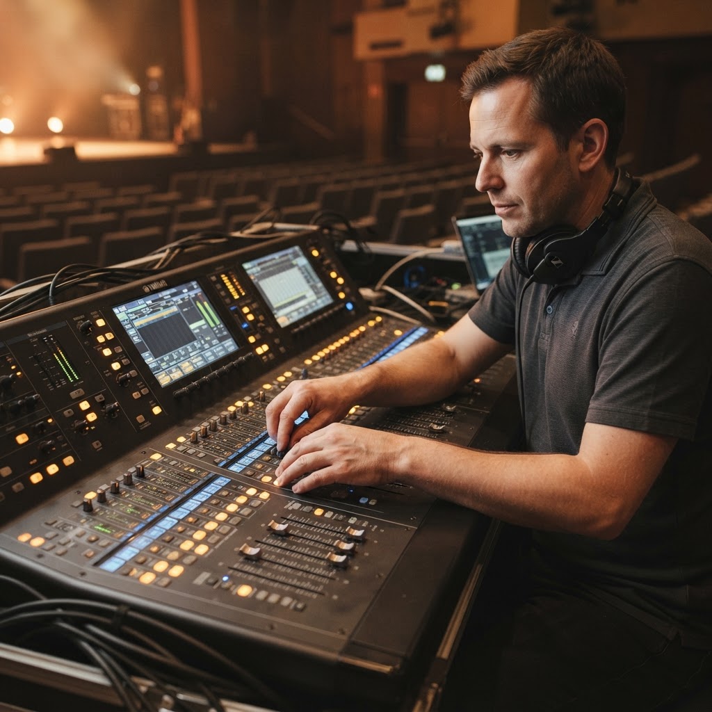 Close-up macro shot of a professional audio mixing console with glowing amber and blue lights during a quiet event setup phase, emphasizing technical precision and detail.