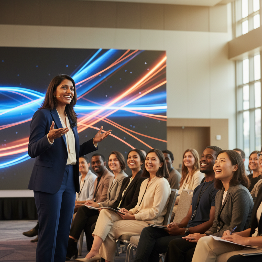 A speaker confidently presenting to an engaged audience.