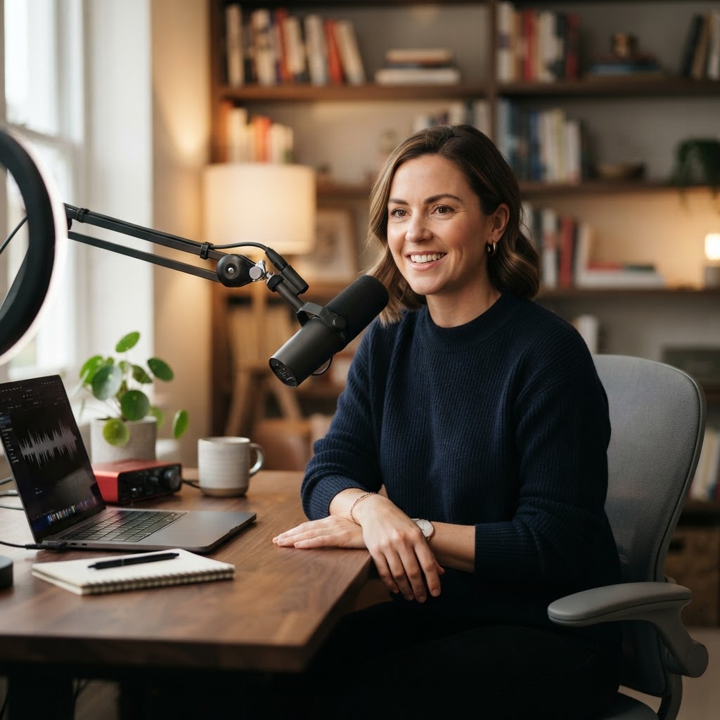 A sleek, high-tech home studio setup featuring a professional broadcast-quality microphone, a ring light reflected in the speaker's eyes, and a depth-of-field blurred background of a minimalist library, showcasing the professional standard of modern virtual presentation