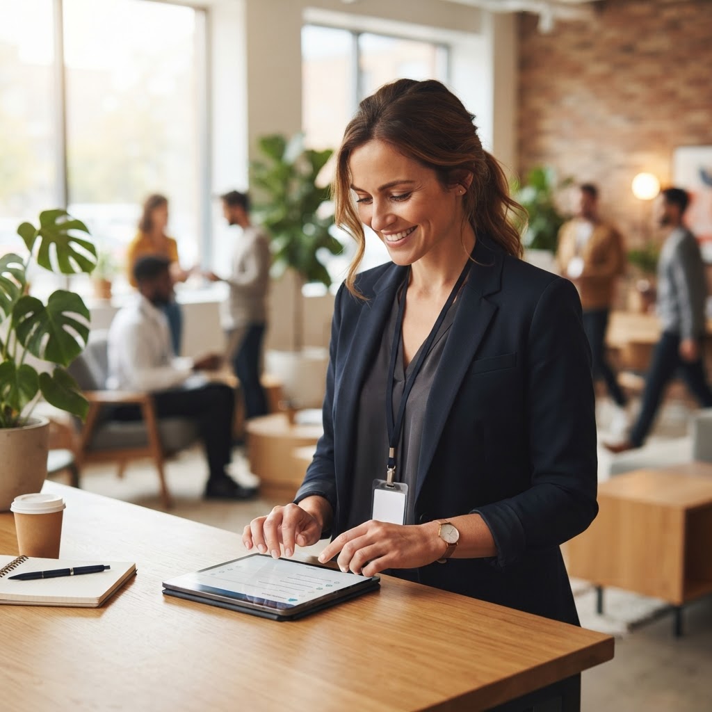 A close-up shot of a professional event organizer reviewing a digital checklist on a sleek tablet in a brightly lit, modern co-working space.