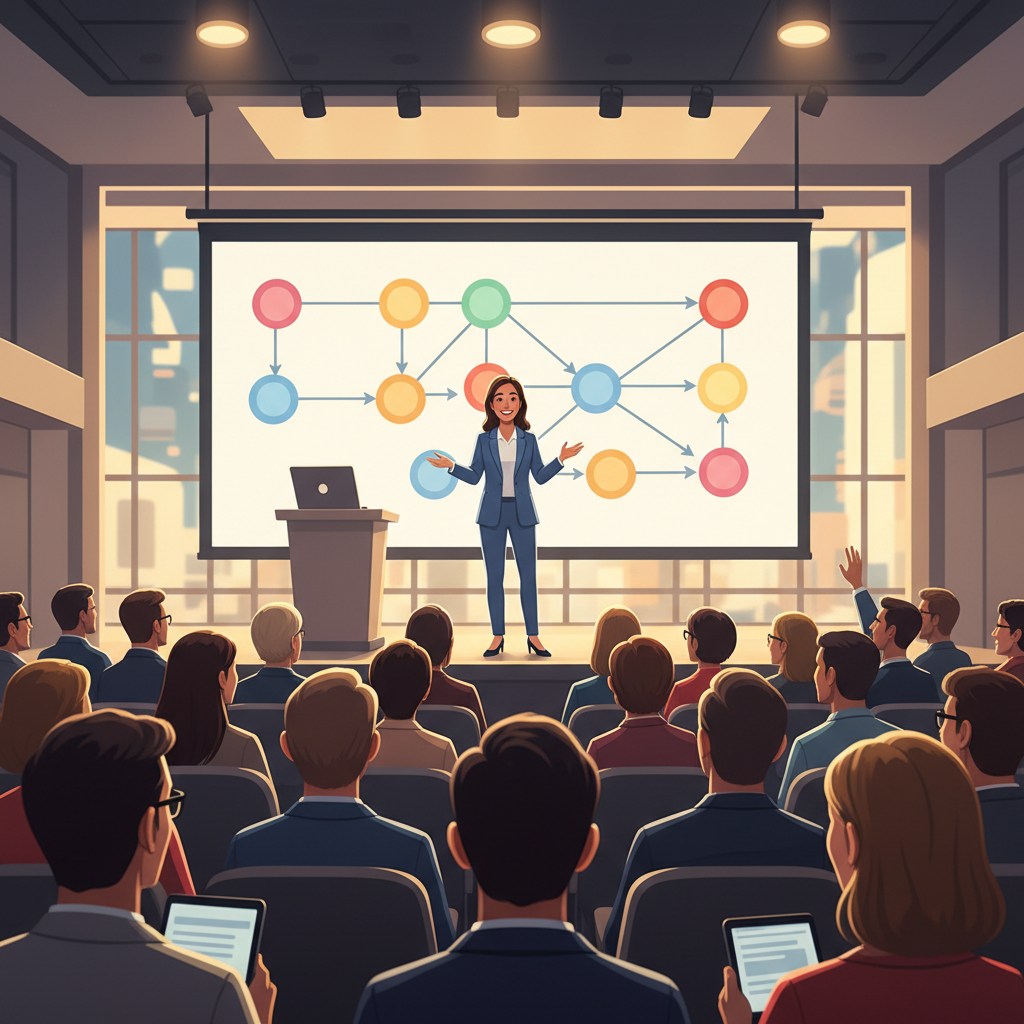 illustration of a speaker engaging with the audience using visual aids