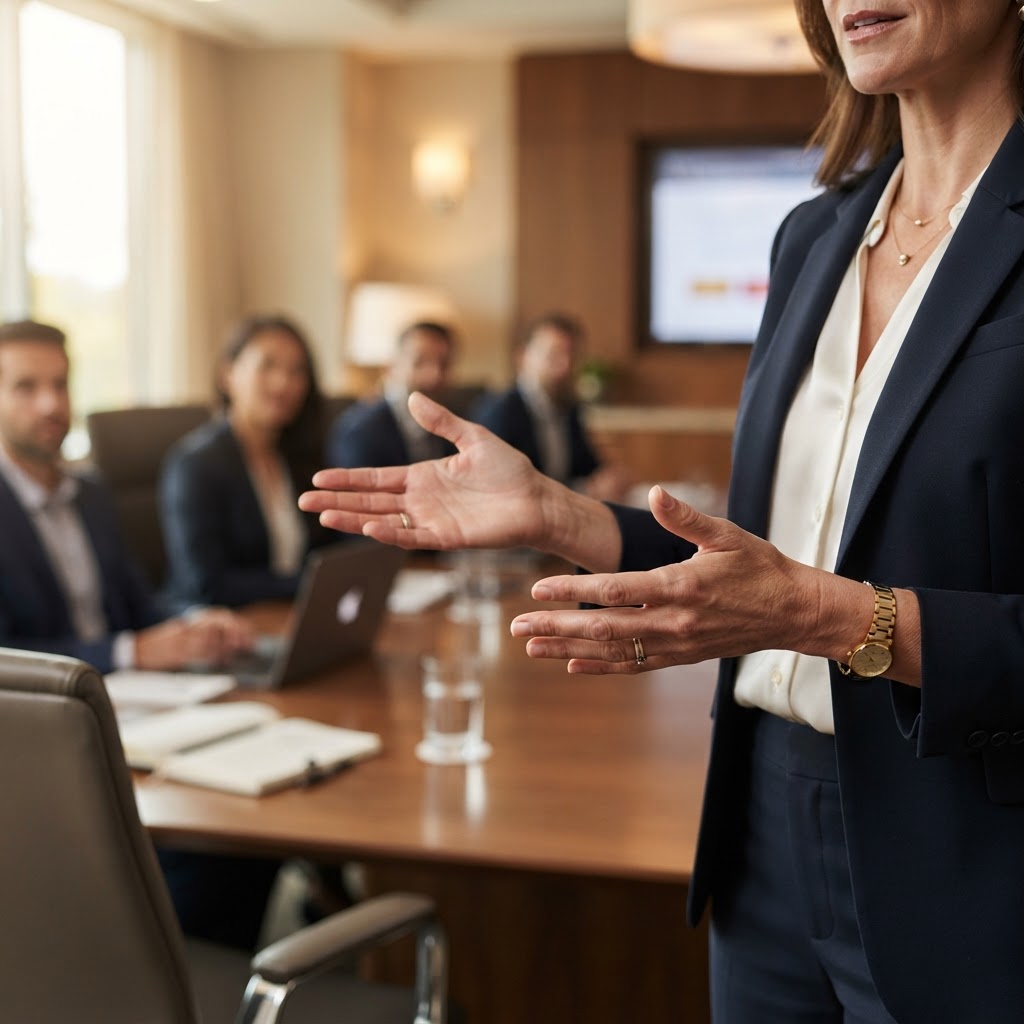 A close-up, high-quality photograph of a speaker's hands held in an open, inviting gesture against a blurred, professional boardroom backdrop.