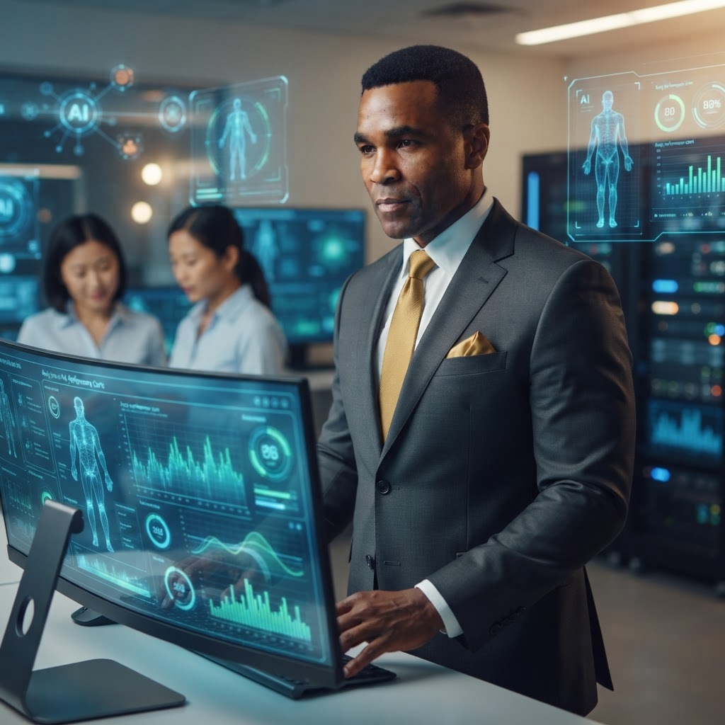 Dr. Vincent Njoku reviewing real-time health data on a tablet in a modern AI research lab, surrounded by biometric visualizations on large screens, calm and focused atmosphere