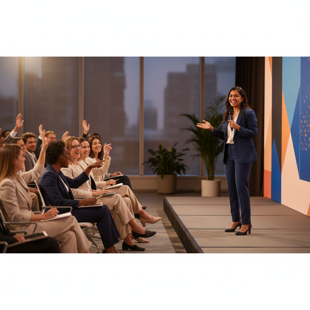 Professional setting with a speaker and audience interaction