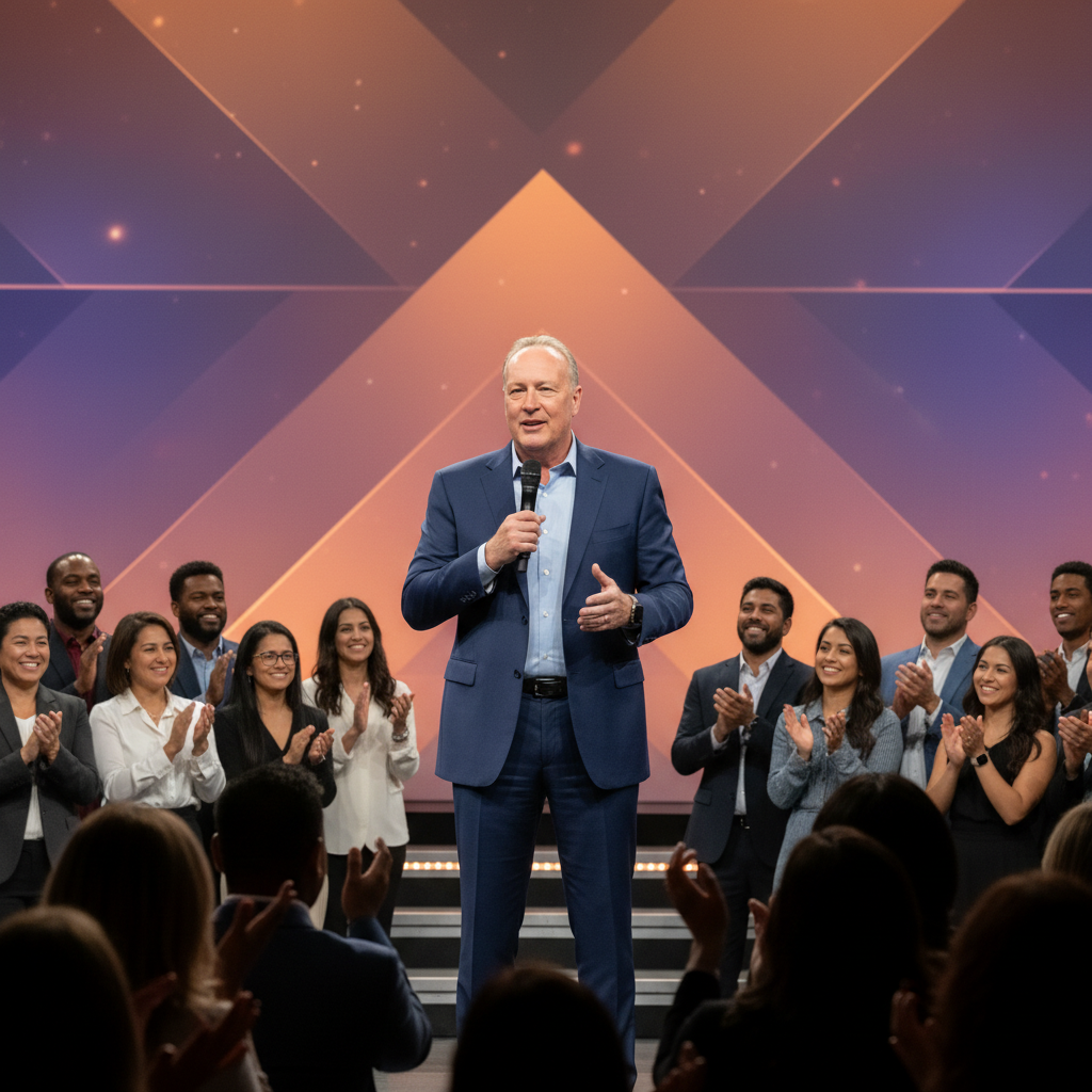 a man speaking confidently on a large stage to an audience