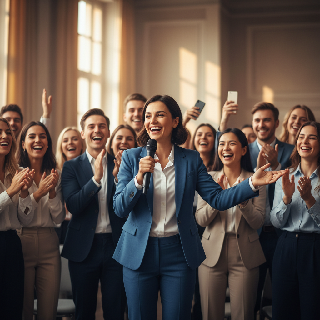 graphic of an animated speaker with an enthusiastic audience