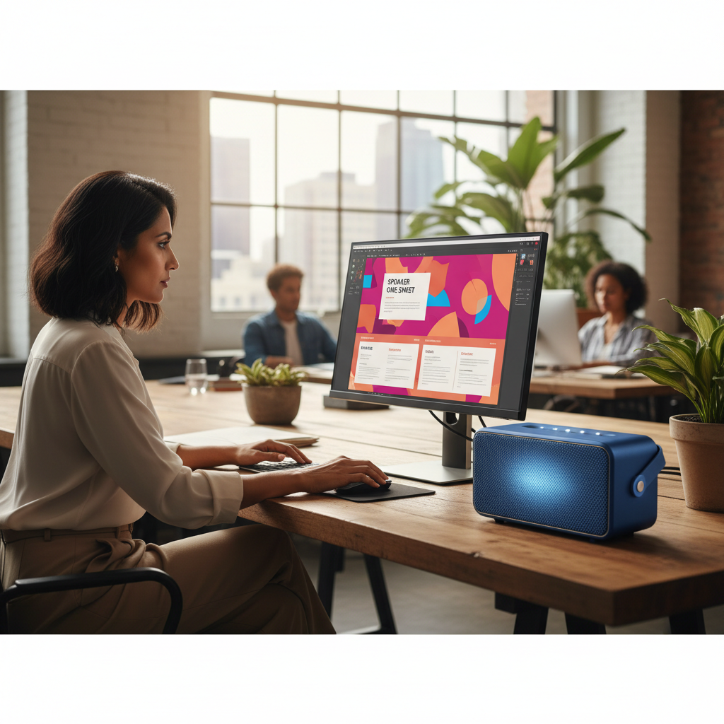 A designer working on a computer with a vibrant speaker one-sheet template open