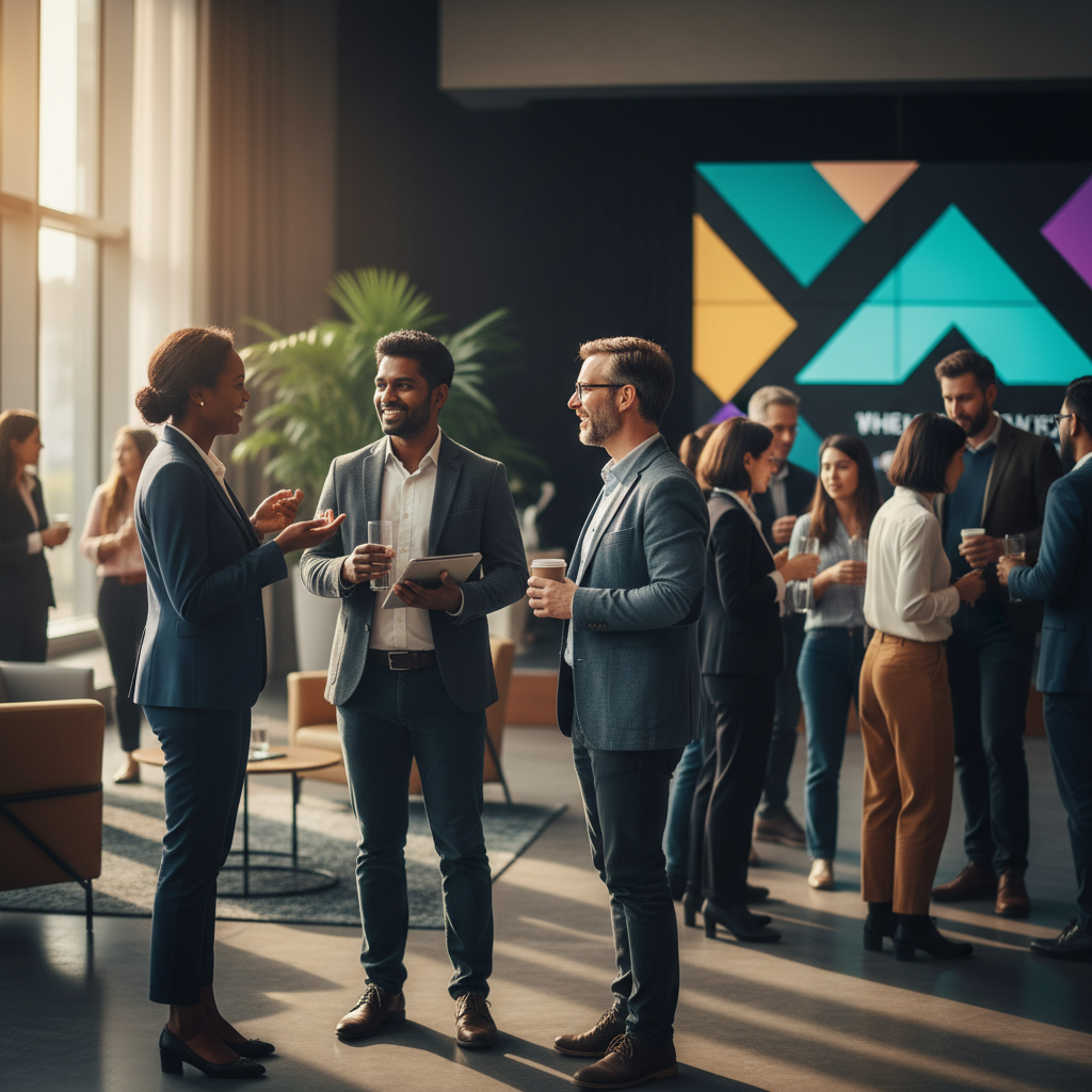 A bustling conference scene with attendees engaged in networking activities.