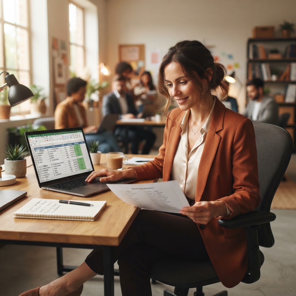 An event planner sitting at a desk with a laptop and a budget spreadsheet looking at a list of potential keynote speakers.