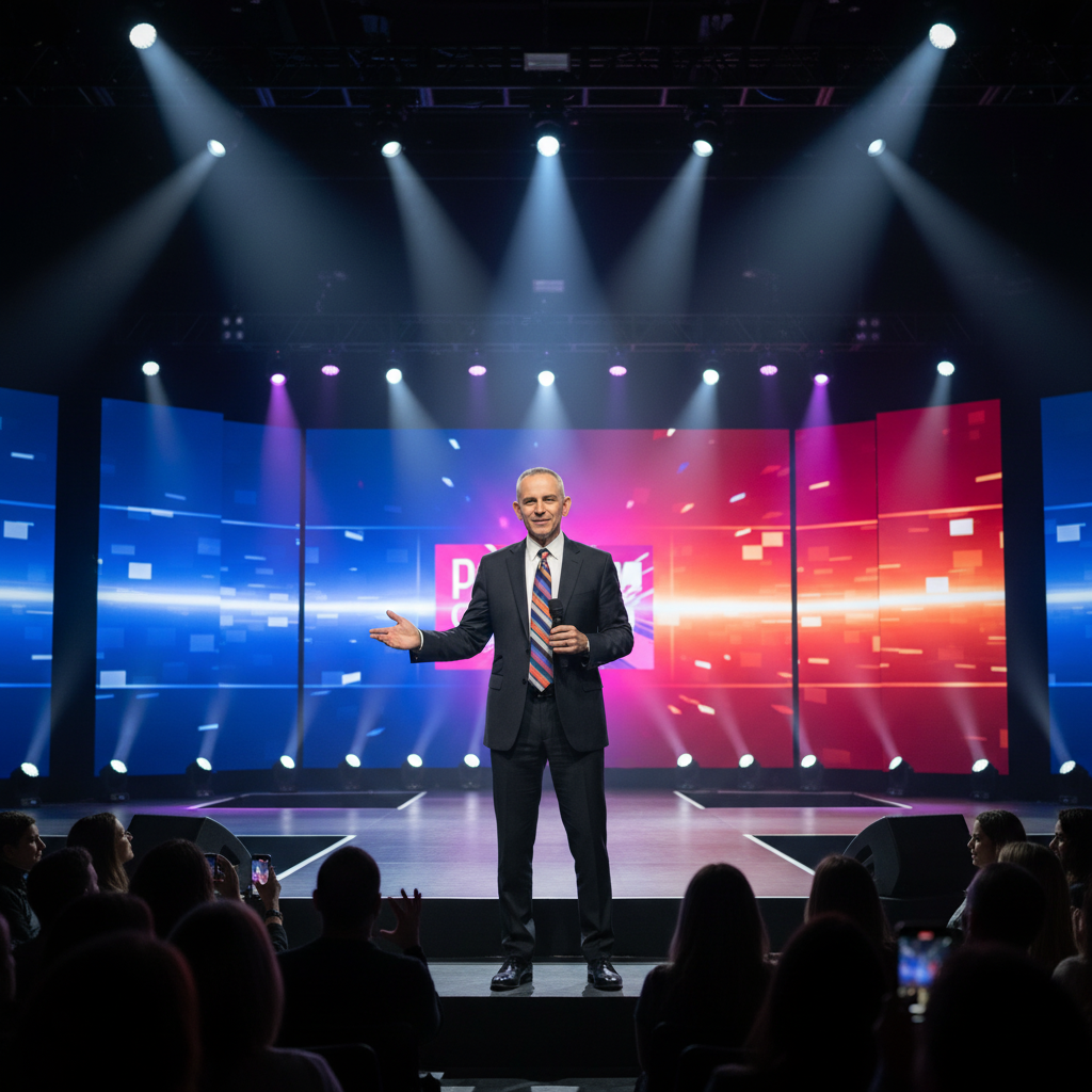 description of a professional speaking photo