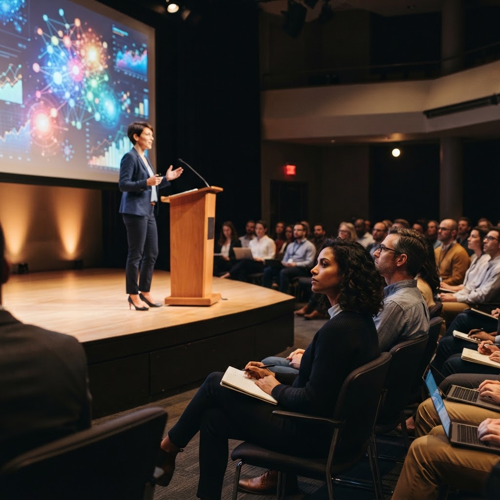 An audience at a conference listening intently to a professional speaker on stage, with warm lighting and a large screen behind the speaker showing engaging visuals