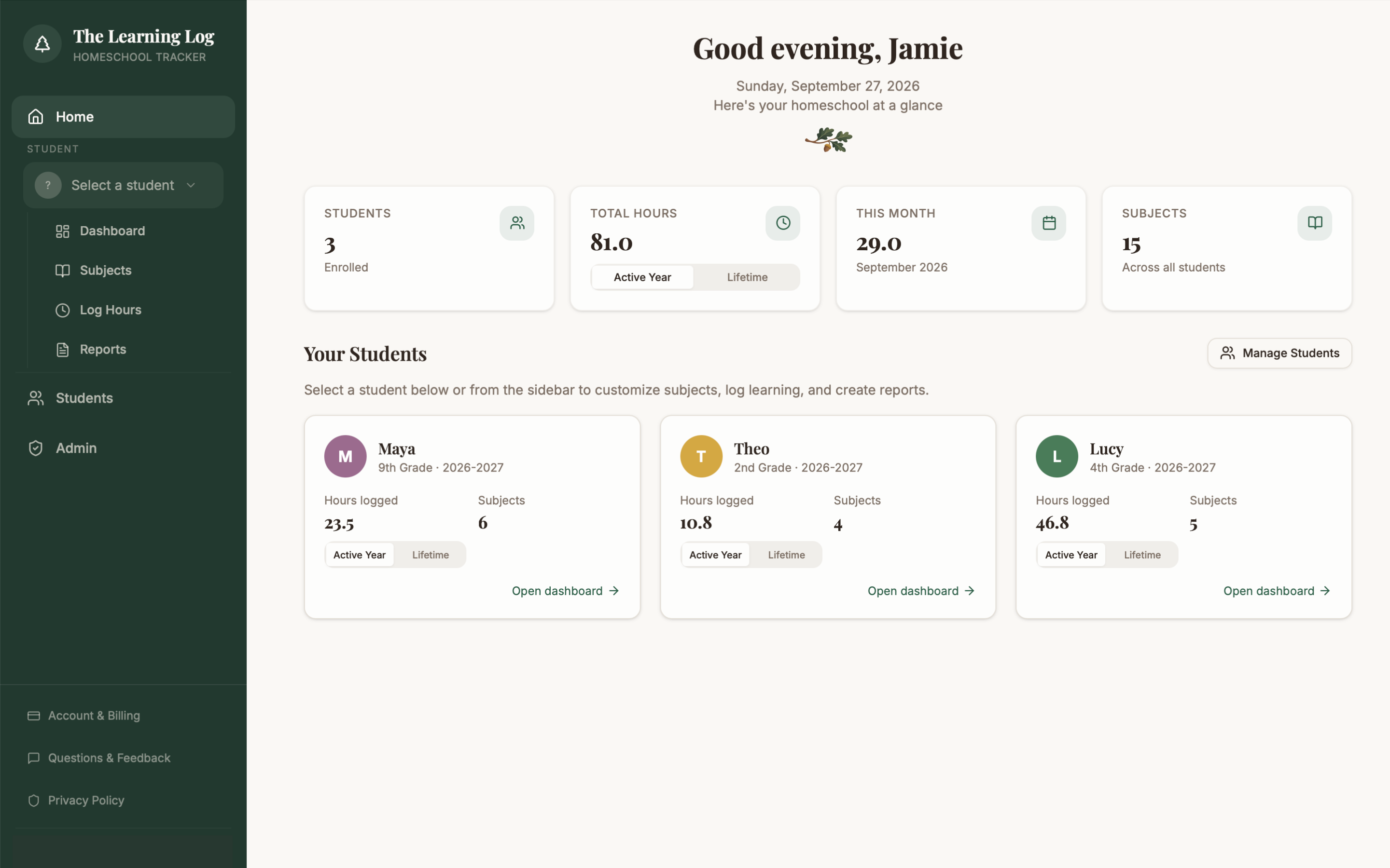 The Learning Log home dashboard showing students, total hours, monthly hours, and subjects