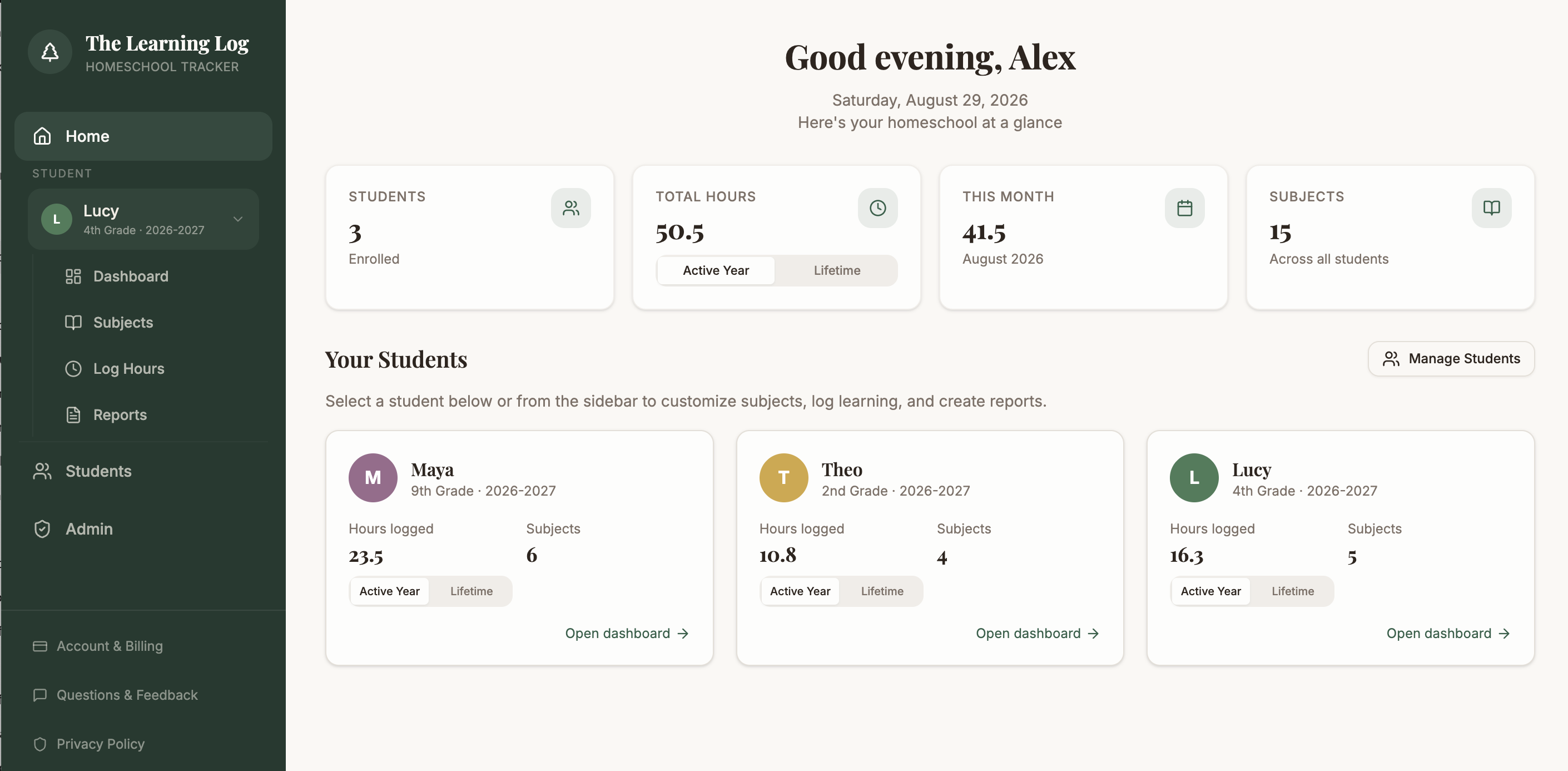 The Learning Log dashboard showing students, total hours, monthly hours, and subjects