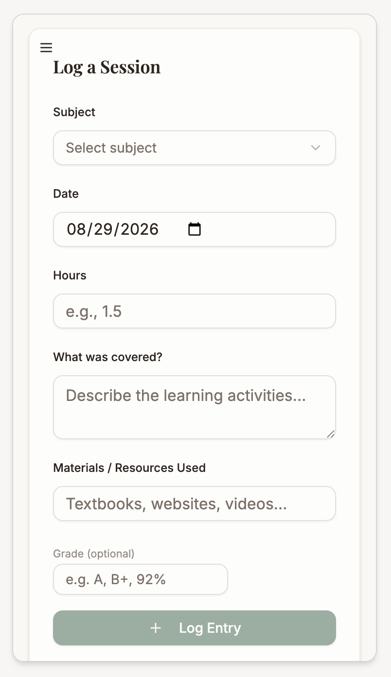 Log a Session form on mobile — track hours and activities