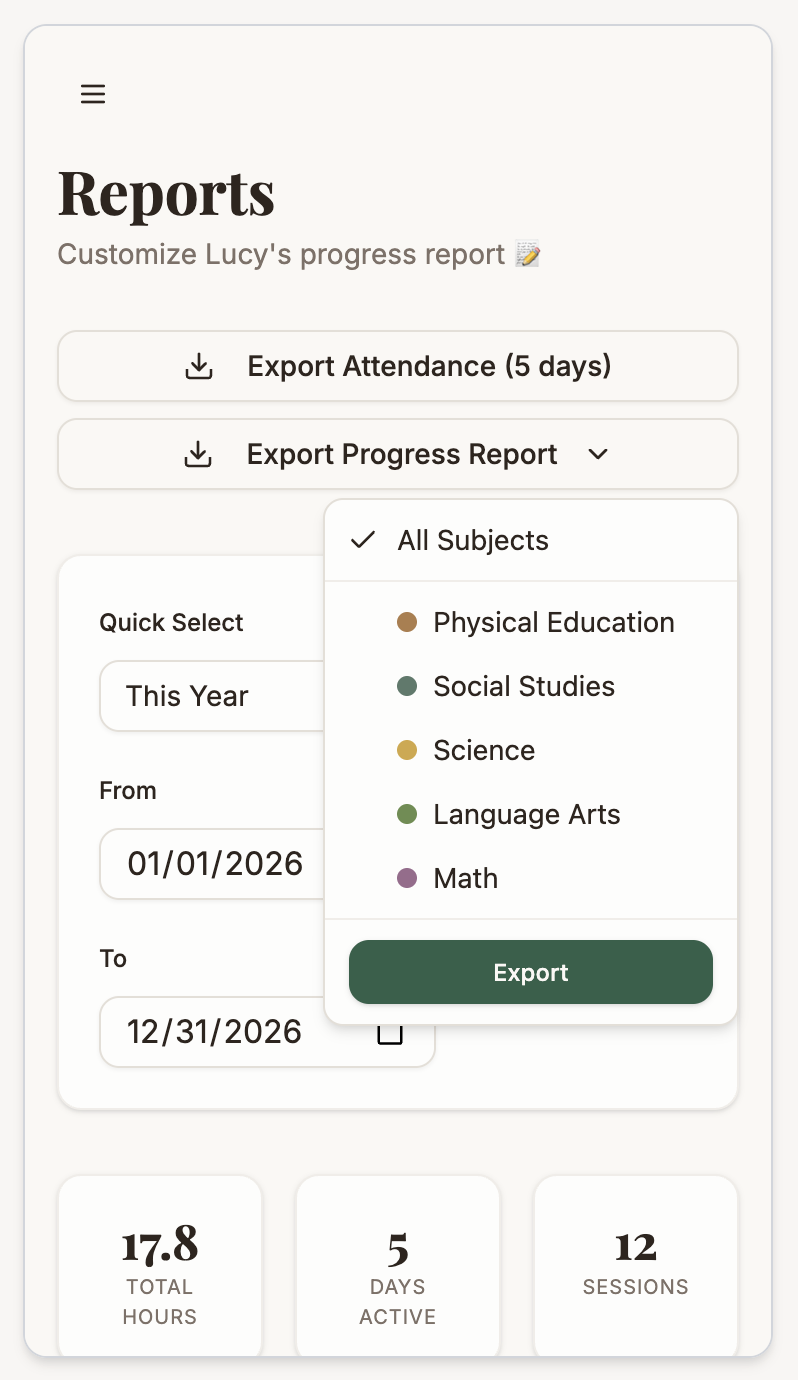 Reports screen on mobile — export attendance and progress reports