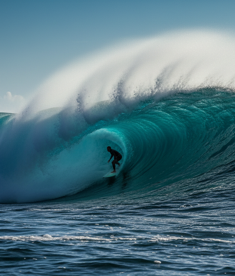 Surfer riding a massive wave at blue hour — premium outdoor adventure gear from True Outdoors