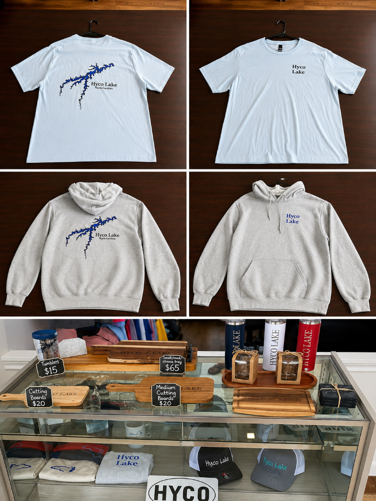 Hyco Lake merchandise including t-shirts, hoodies, tumblers, and cutting boards