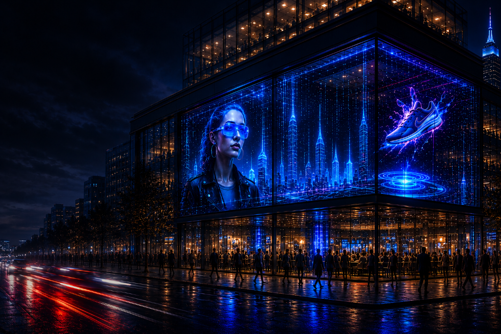 HoloSky transparent LED glass storefront