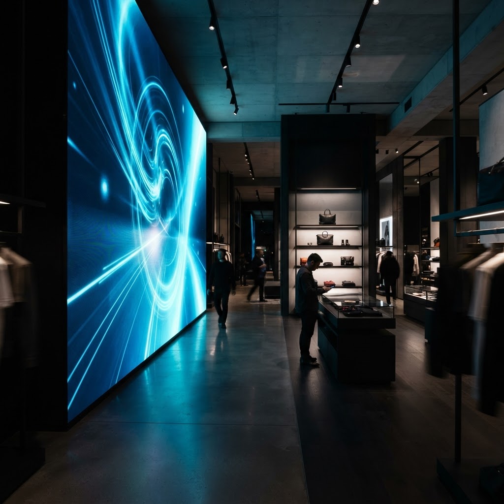 LED feature wall displaying dynamic visuals inside a retail store.