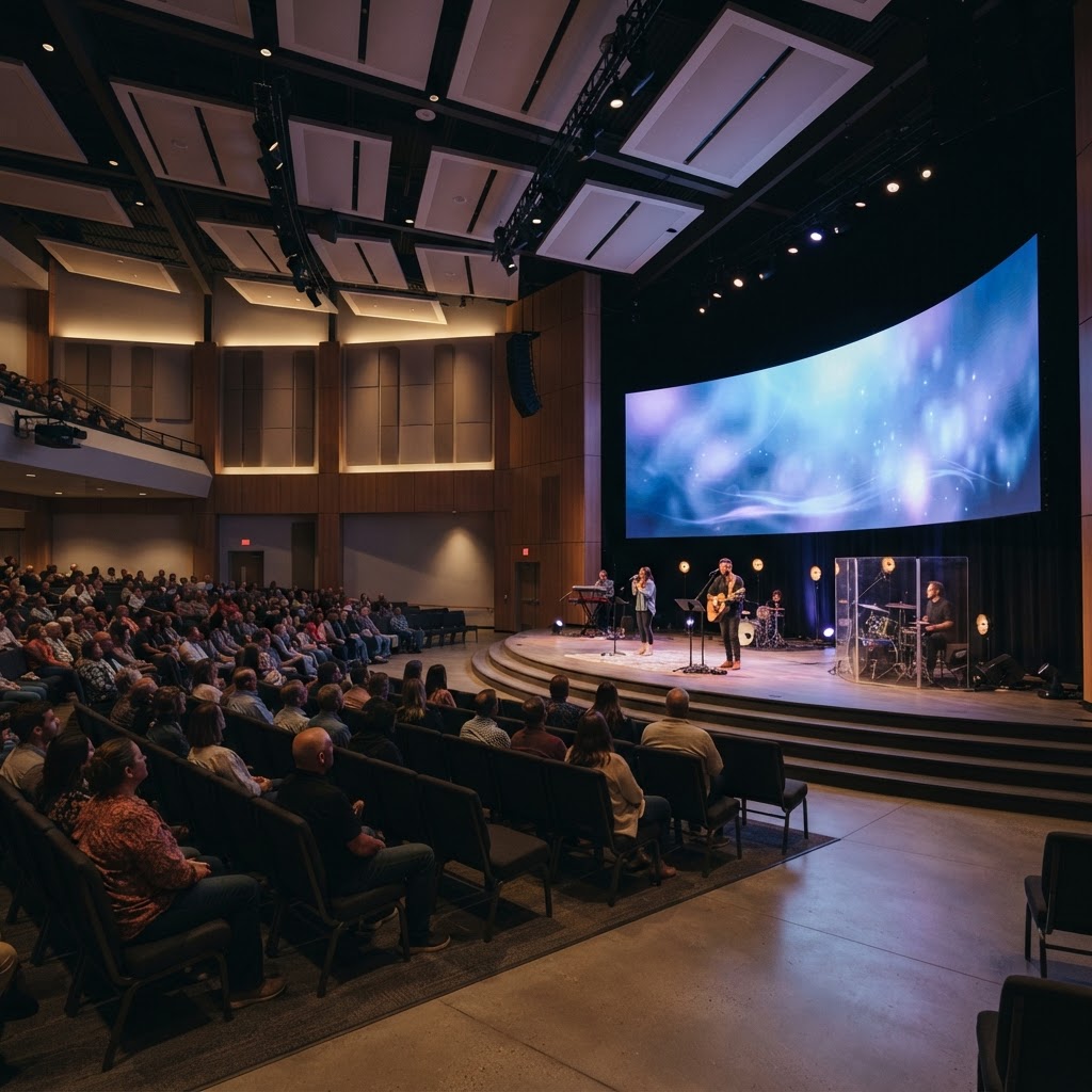 LED video wall displaying worship visuals on a modern church stage.