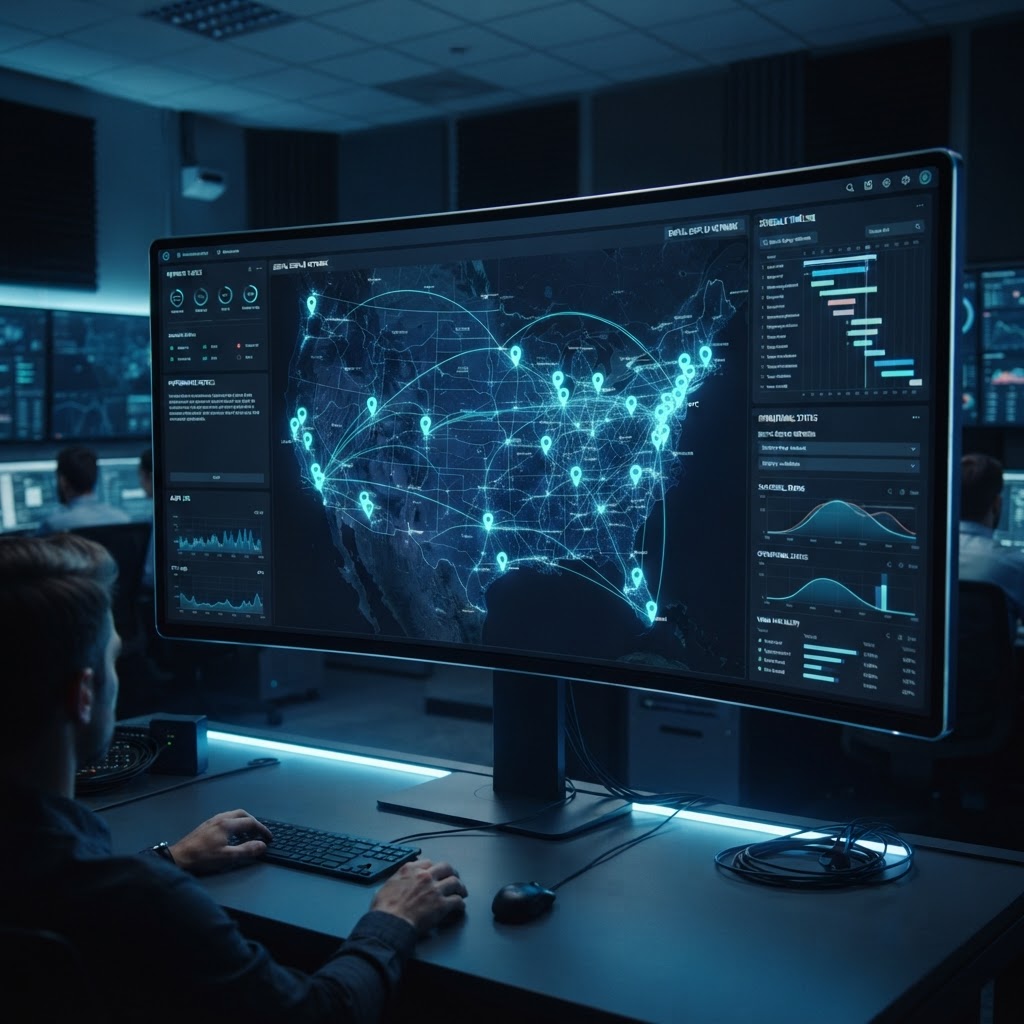 Visual network management dashboard showing multiple display locations.