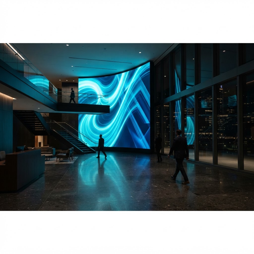Premium LED video wall installed in a modern business lobby.