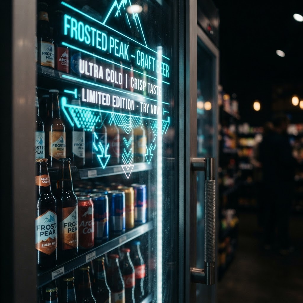 Close-up of transparent digital display technology on a glass cooler door.