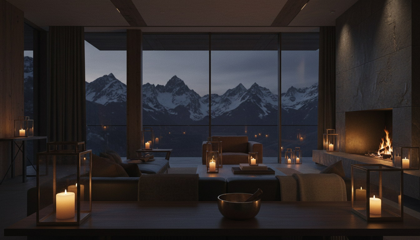 Dimly lit luxury Aspen chalet interior at twilight