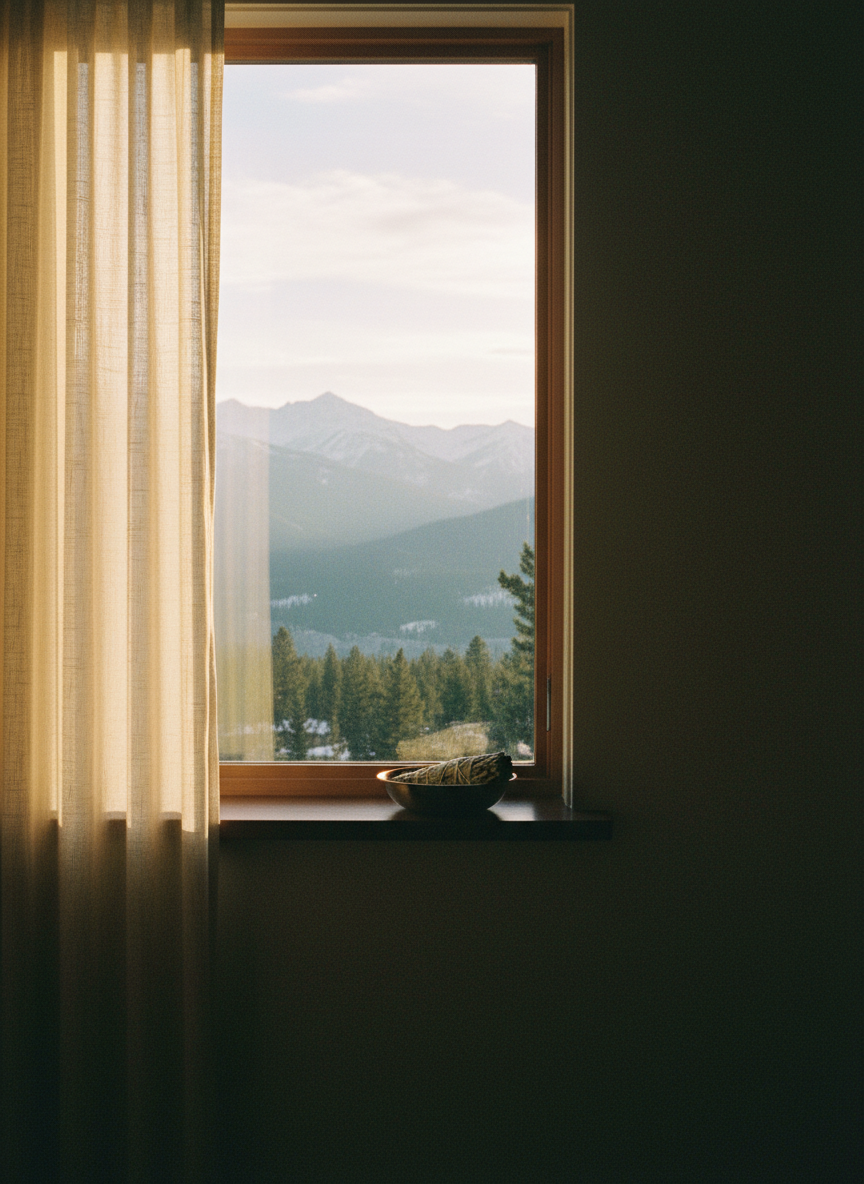 Morning light through Aspen chalet window with sage bundle and brass bowl