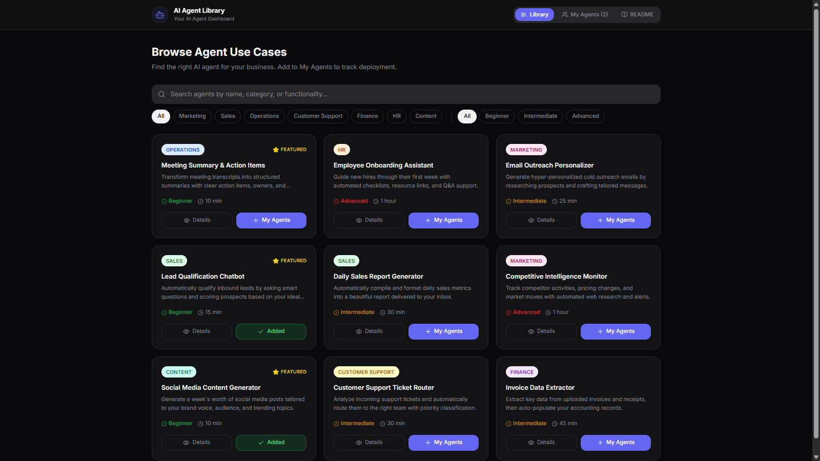 AI Agent Library + Launcher template preview