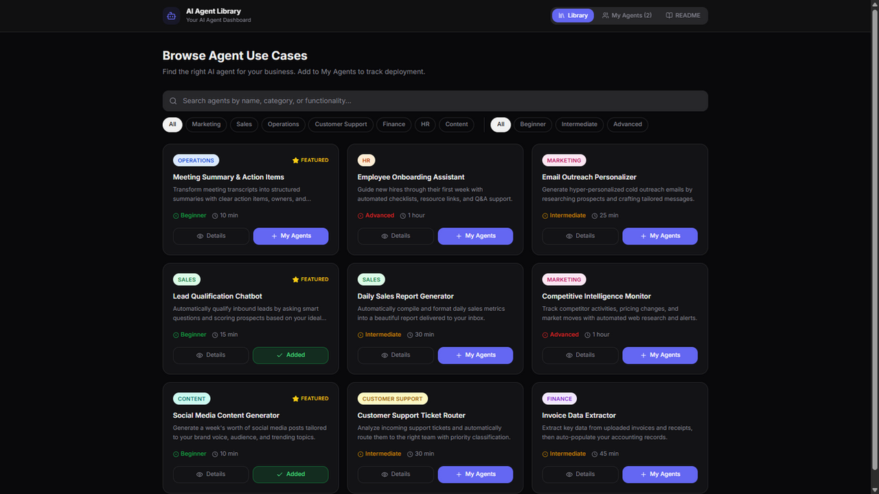 AI Agent Library + Launcher template preview